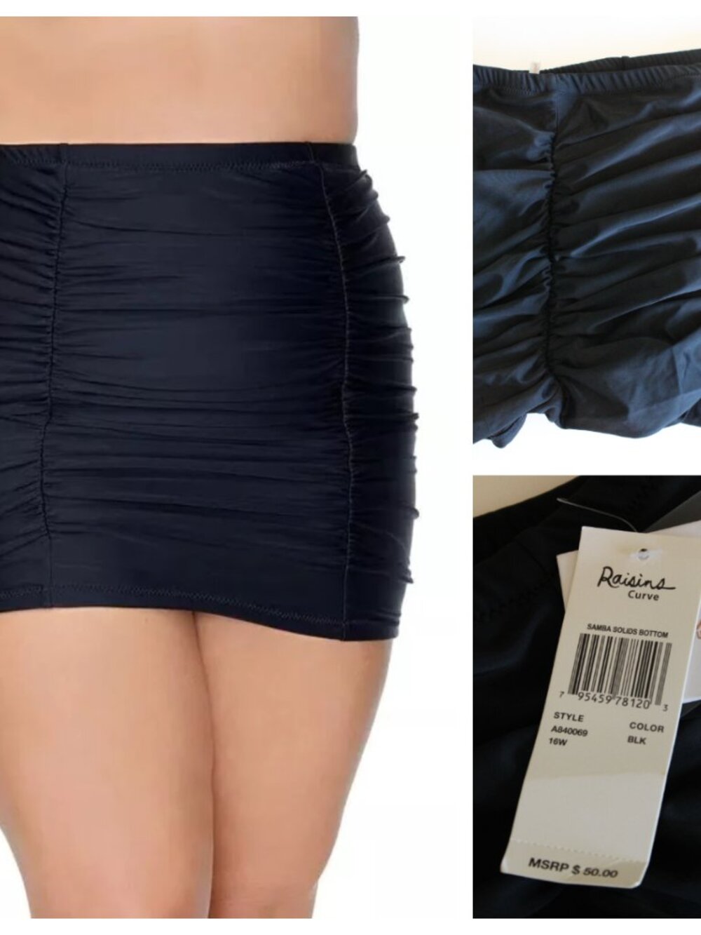 Raisins Curve Plus Size Samba Costa Ruched Skirted Bikini Bottom 16W Black NWT